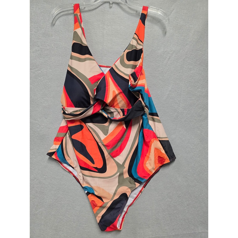 Abstract Retro Swirl Print Twist Front One Piece Swimsuit Multicolor 4XL